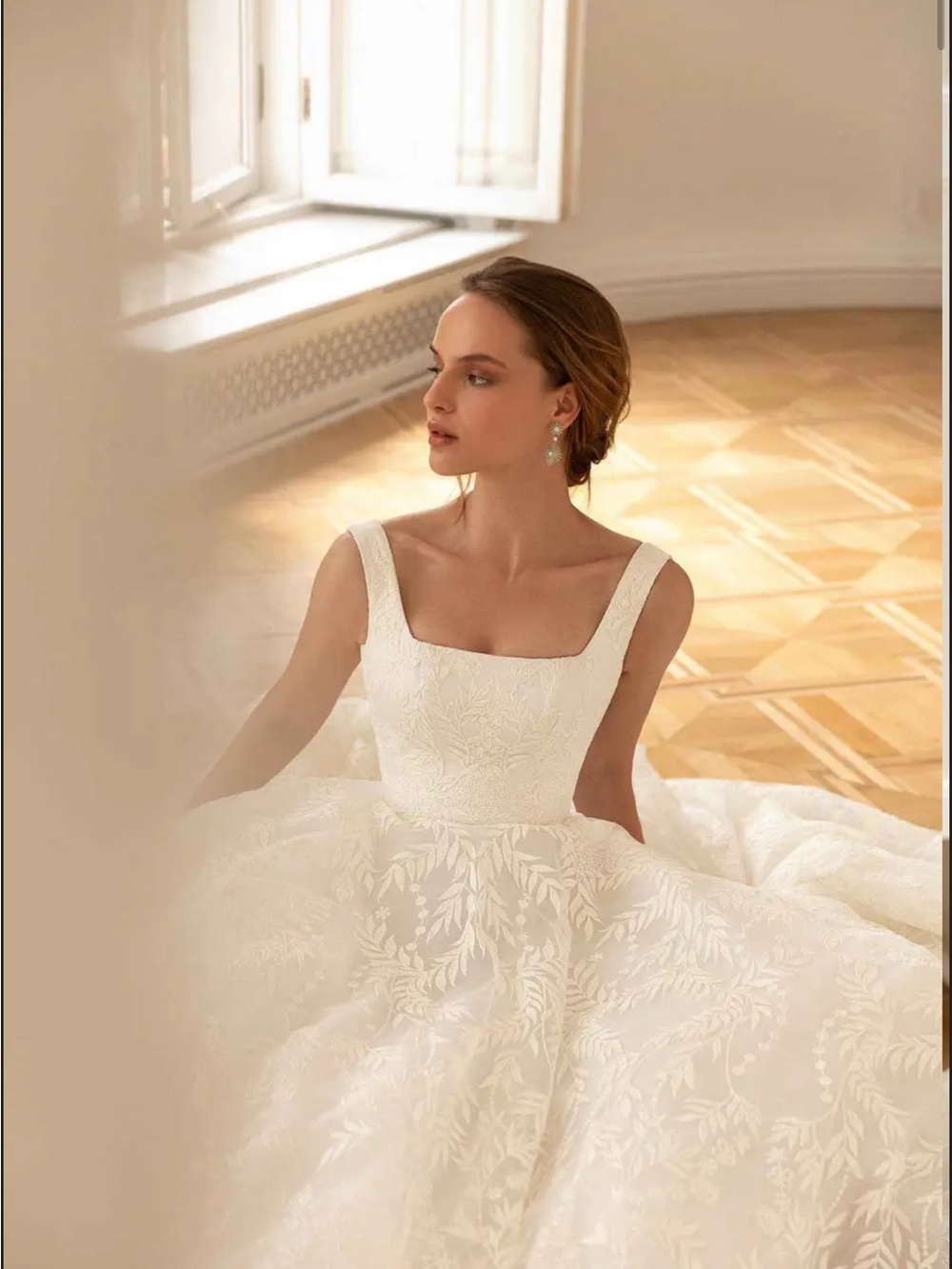 Square-Neck White Embroidered Bridal Ball Gown